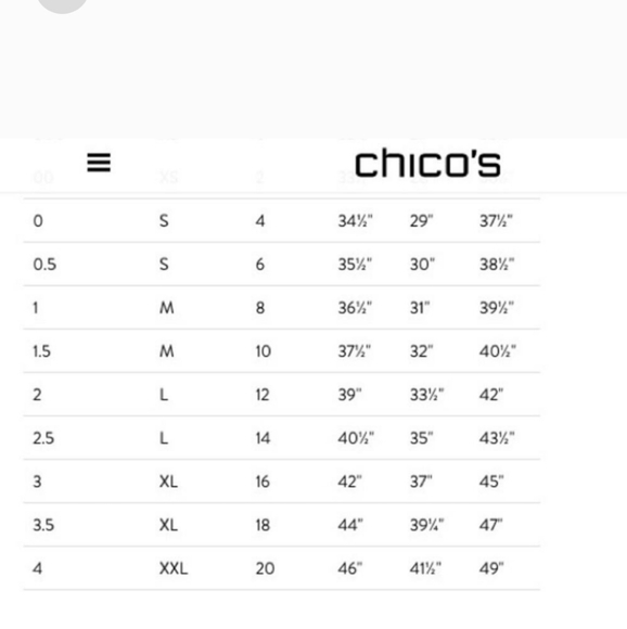 Chico's Size Chart for Women's Apparel - Picture 1 of 1
